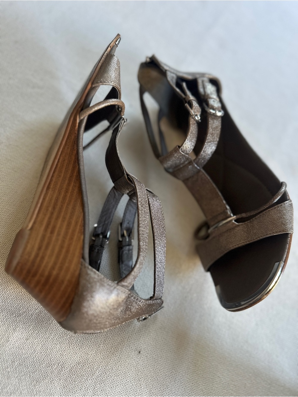 Isola Metallic Bronze Leather T-Strap Wedge Sandals | 8